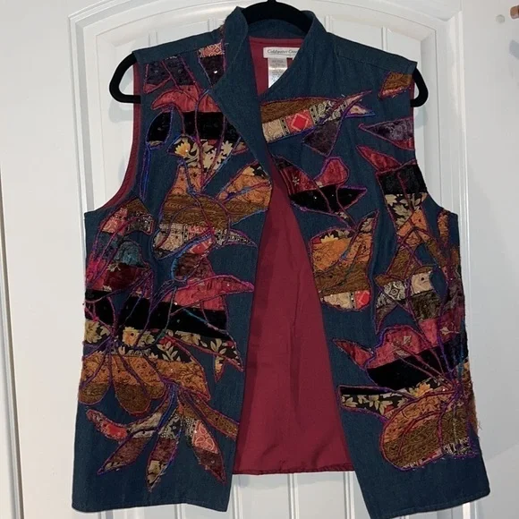 Beautiful mixed media art folk embroidered open vest Coldwater Creek size M - Picture 9 of 9